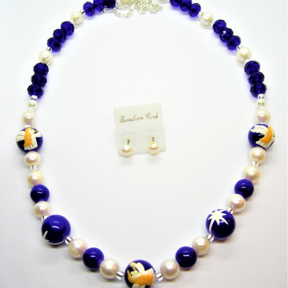 Blue Angel Pearl Necklace Set,beaded necklace,mother of pearl earrings,mom gift